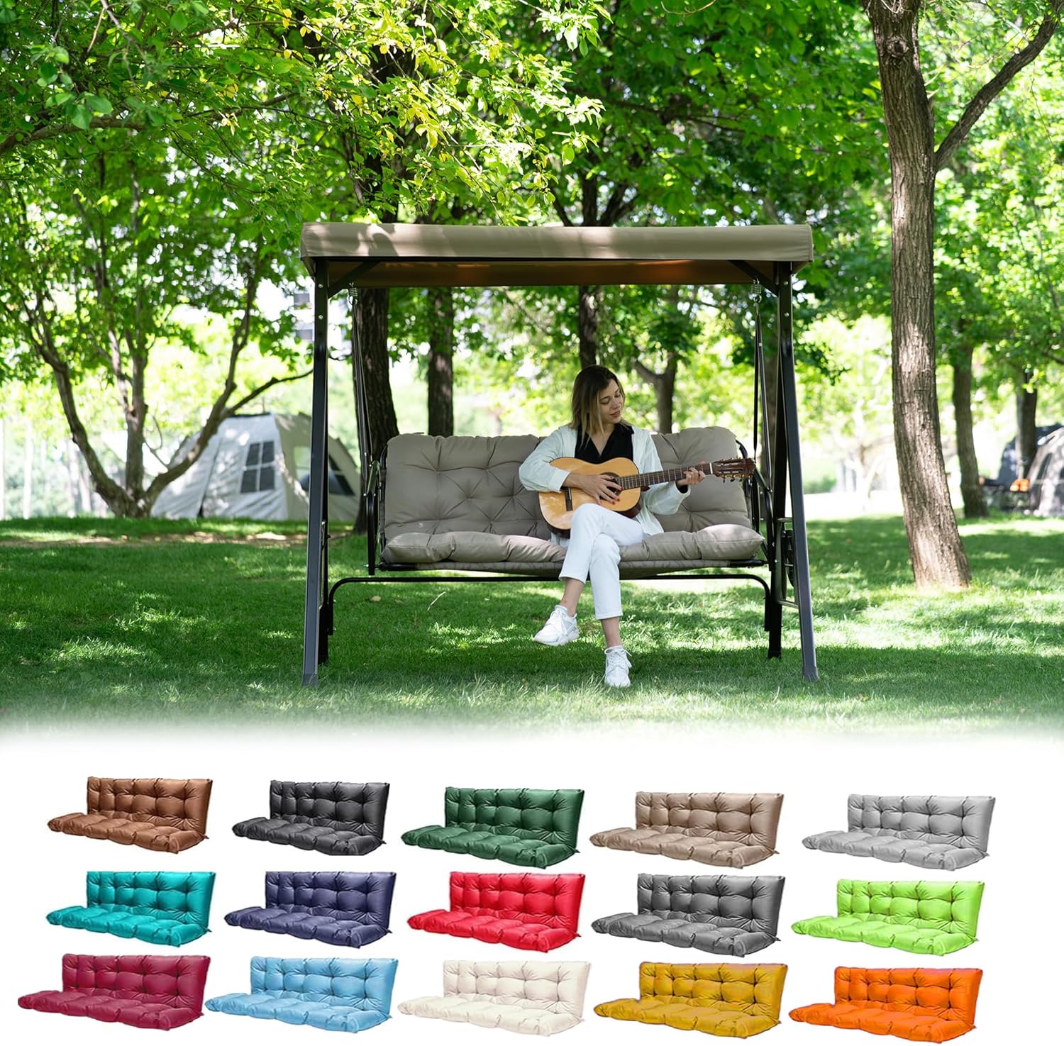 Outdoor Swing Cushions,Waterproof Swing Cushions 3 Seater Replacement with Backrest,Outdoor Thickened Bench Cushion with Ties for Porch,Patio,Backyard,Garden and Lawn (Khaki 60 * 40 in)-VerdiqueGarden
