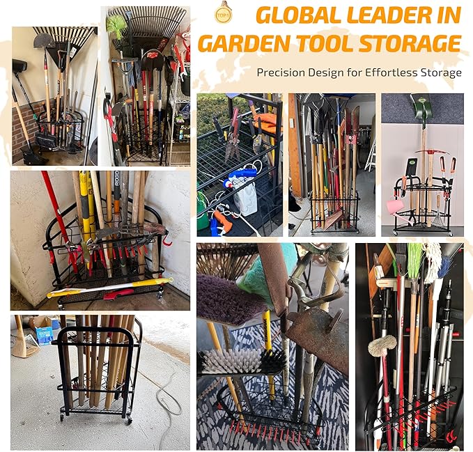 PLKOW Garden Tool Organizer with Wheels and Storage Hooks, Rolling Corner Tool Storage Rack for Garden, Shed, Garage, Powder Coated Steel, Black-VerdiqueGarden