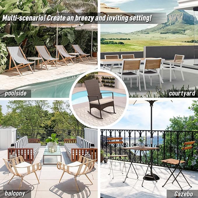 Outdoor Rocking Chair 3 Pieces High-Backed Rocking Chair Outdoor Patio Rocking Chairs Outdoor Table, Khaki-VerdiqueGarden