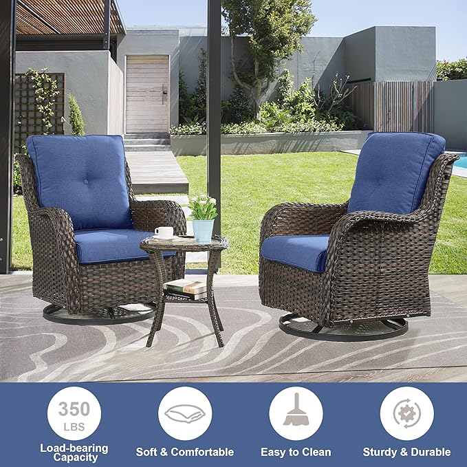 5 Pieces Patio Furniture Sets Wicker Outdoor Furniture, Rattan Patio Swivel Glider Chairs with 2 Ottoman and Glass Side Table-VerdiqueGarden