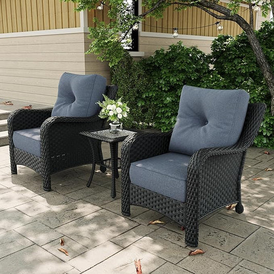 3 Pieces Outdoor Patio Furniture Sets with Single Chairs with 6-inch Thick Cushion and Side Table for Deck Lawn-VerdiqueGarden
