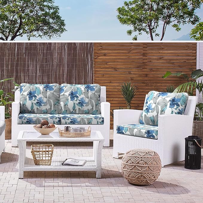 LVTXIII Outdoor Seat and Back Cushion Patio Deep Seat Cushion Set Seasonal Chair Cushion for Wicker Chairs and Garden Furniture Decoration, 24"x24"x4", Clemens Noir Blue-VerdiqueGarden