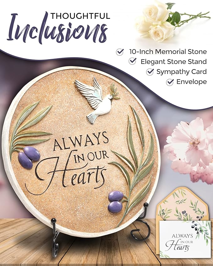 10-Inch Garden Memorial Stone with Included Plaque Stand & Sympathy Card, Memorial Plaques for Outdoors with Peace Dove Amongst Olive Branches, Memorial Stepping Stone for Loss of Loved One-VerdiqueGarden
