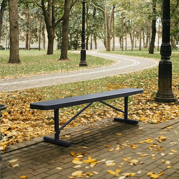 72" L Steel Flat Bench Garden Bench, Black Outdoor Park Bench Weather-Resistant Steel Metal, Patio Seating for Front Porch Backyard Park Outside, Metal Benches for Outside to dodrill to Ground-VerdiqueGarden