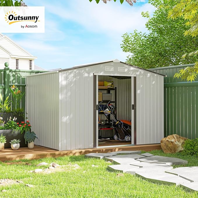 Outsunny 9' x 6' Outdoor Storage Shed, Garden Tool Metal Shed with Foundation Kit, Double Lockable Door, Air Vents and Sloping Roof, for Backyard, Patio, Lawn, Silver-VerdiqueGarden