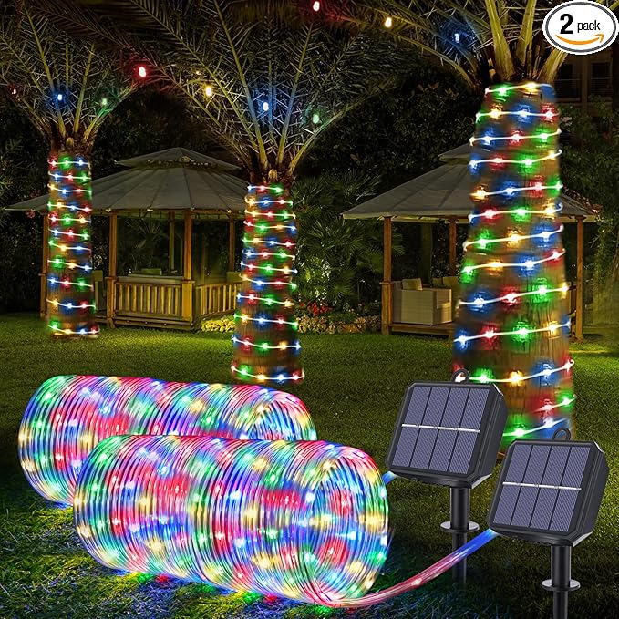 Solar Rope Lights, 2 Packs 66ft 200LED Solar String Lights, 8 Modes Waterproof Solar Powered Outdoor Light, Flexible Clear Tube Light for Garden Backyard Patio Deck Pool Tree Decorations- Multicolor-VerdiqueGarden