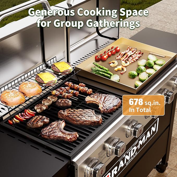Brand-Man Griddle Grill Combo 6-Burner, 2 in 1 Versatile Propane Gas Grill and Griddle with Double Stainless Steel Lids, BBQ Combo for Outdoor Kitchen & Backyard Barbecue Cooking-VerdiqueGarden