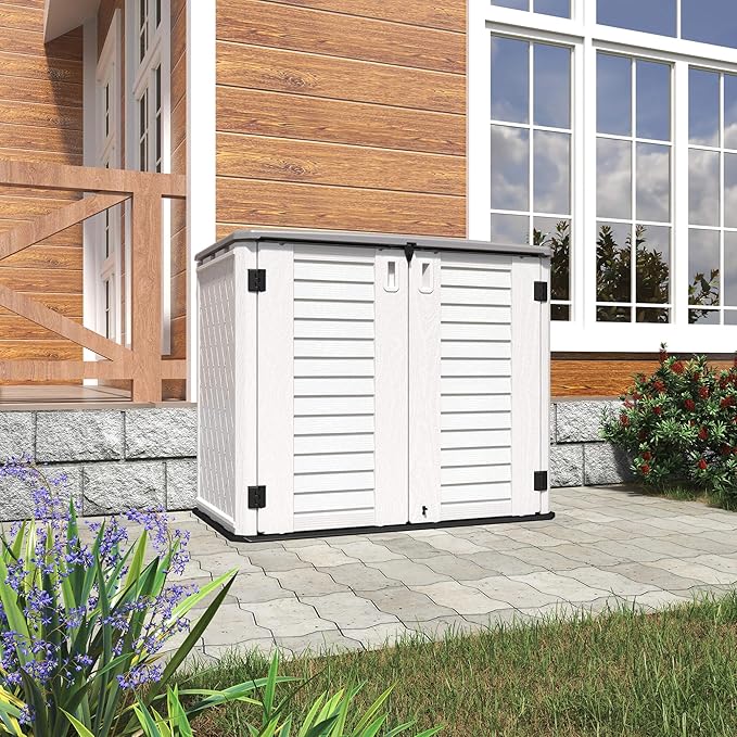 HOMSPARK Storage Shed Weather Resistance, Multi-Purpose Outdoor Storage Cabinet for Backyards and Patios, Horizontal Storage Shed for Lawnmower, Patio Accessories (White 1, Large - 26 cu.ft)-VerdiqueGarden