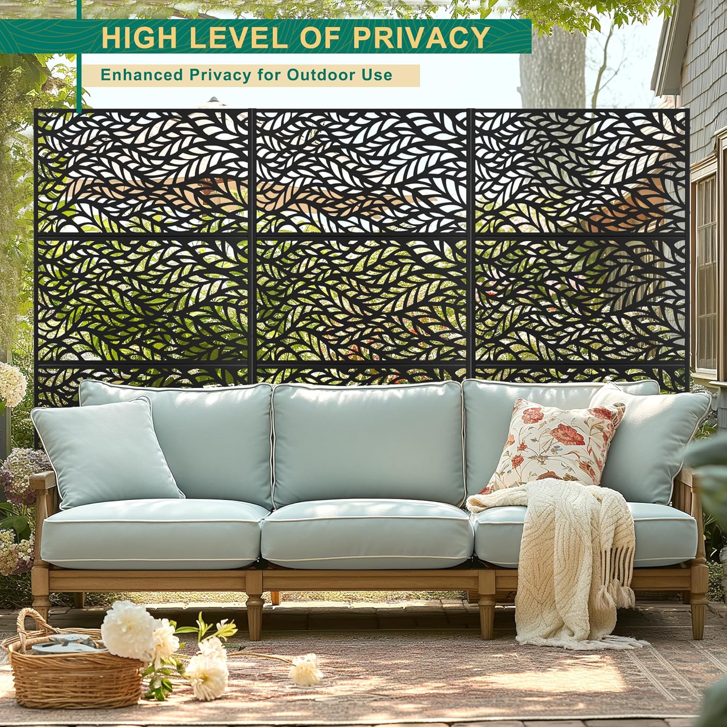 72" H47" W Metal Outdoor Privacy Screen - Freestanding, Decorative Fence (3 Panels)-VerdiqueGarden