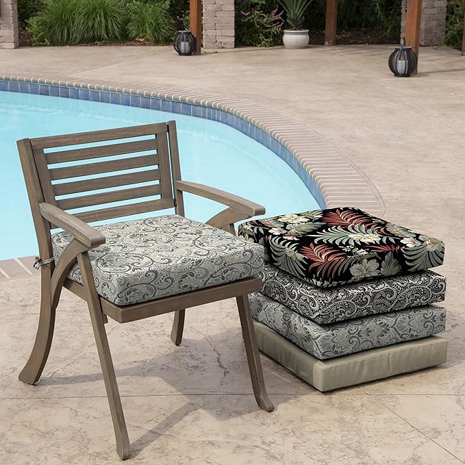 Arden Seat Cushion, 21 x 21, Rain-Proof, Fade Resistant, Cushion for Patio Dining, Adirondack, and Outdoor Chairs Neutral Aurora Damask-VerdiqueGarden