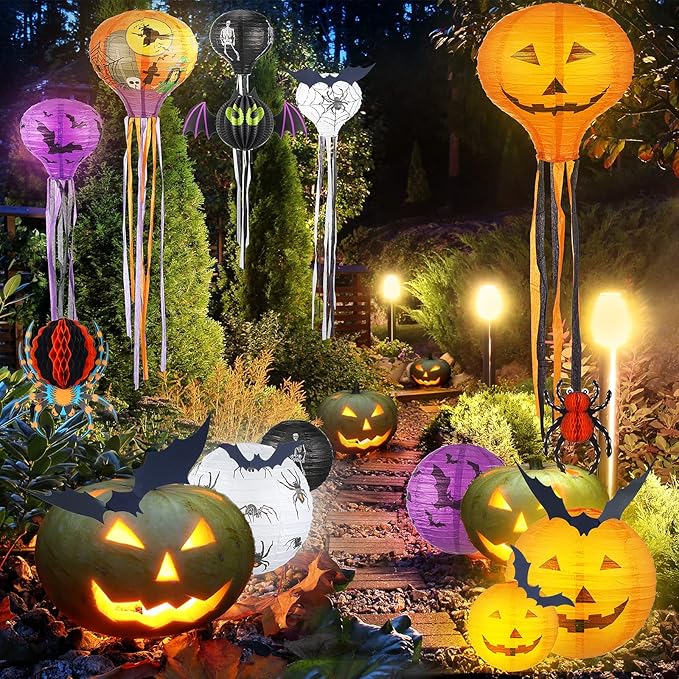 48 Pieces Halloween Decorations Paper Lanterns Pumpkin Skeleton Paper Lanterns 3D Bat Wall Stickers Spider Wall Hanging for Halloween Party Garden Bedroom Cobwebs Indoor Outdoor, 12 Inch and 8 Inch-VerdiqueGarden