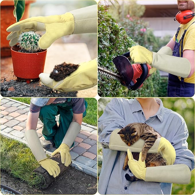 HANDLANDY Rose Pruning Gardening Gloves for Men Women, Thorn Proof Forearm Protection Leather Garden Gloves, Gardening Gifts for Gardeners (Beige- Goatskin, X-Large (Pack of 1))-VerdiqueGarden