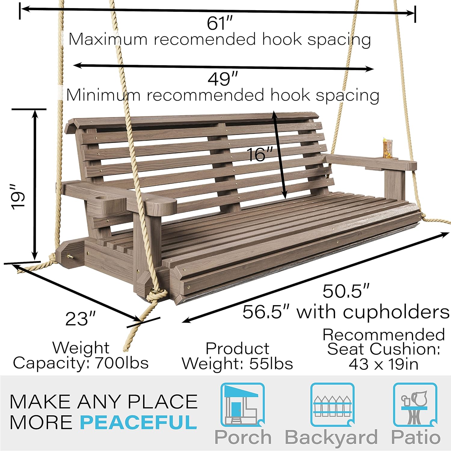 Porchgate Amish Heavy Duty 800 Lb Roll Comfort Treated Porch Swing W/Ropes (4 Foot, Warm Walnut Stain)-VerdiqueGarden