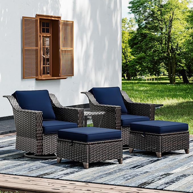 Joyside Wicker Patio Furniture Sets, 5 Pieces Upgraded Large Size Outdoor Furniture with Swivel Rocking Patio Chairs, Outdoor Ottoman and Side Table, Thick Cushions, Wide Armrest-VerdiqueGarden