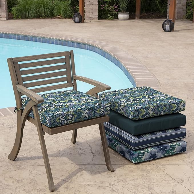 Arden Seat Cushion, 21 x 21, Rain-Proof, Fade Resistant, Cushion for Patio Dining, Adirondack, and Outdoor Chairs Sapphire Aurora Blue Damask-VerdiqueGarden
