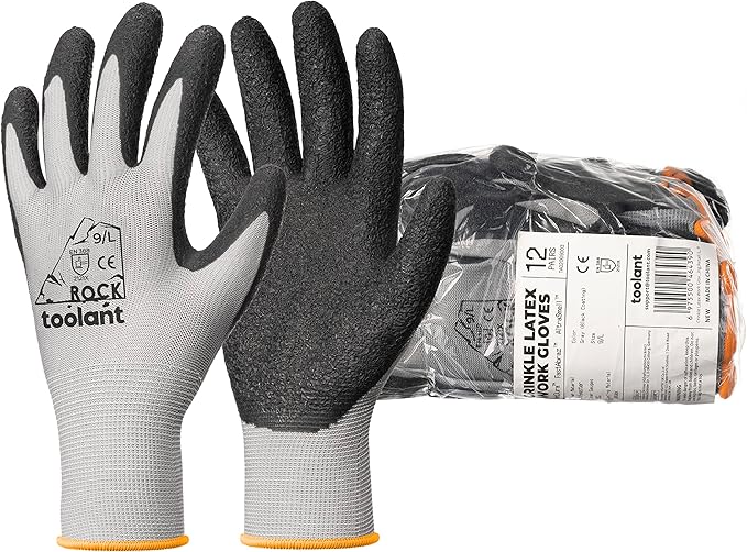 toolant Crinkle Latex Work Gloves Bulk, Rubber Coated Safety Work Gloves for Men and Women, 120 Pairs for Construction, Gardening, Warehouse (Gray, Large)-VerdiqueGarden