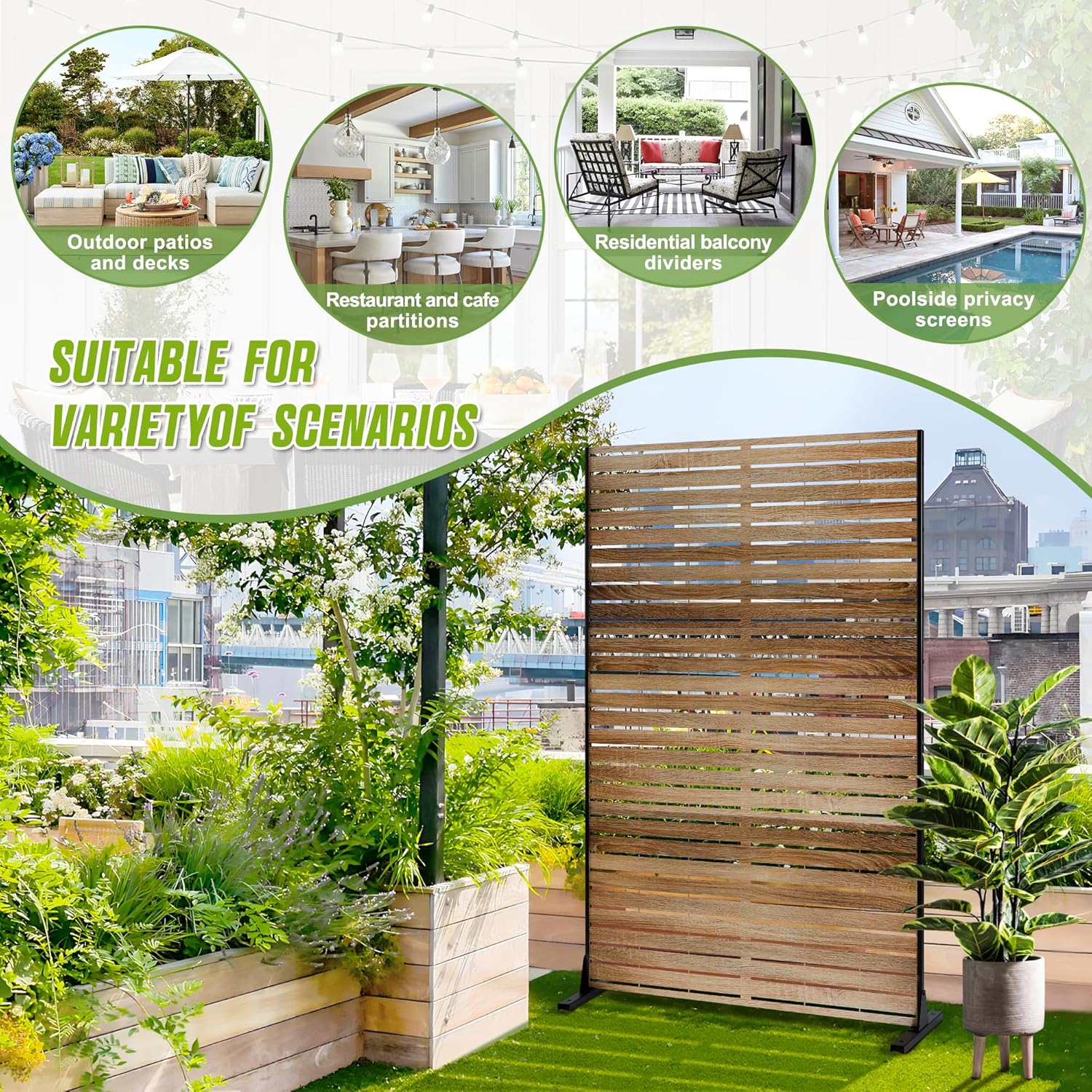 Metal Privacy Screen Outdoor 72" H×47" W,Freestanding Decorative Privacy Screen for Balcony Yard&Garden,Privacy Fence-Wooden Color-VerdiqueGarden