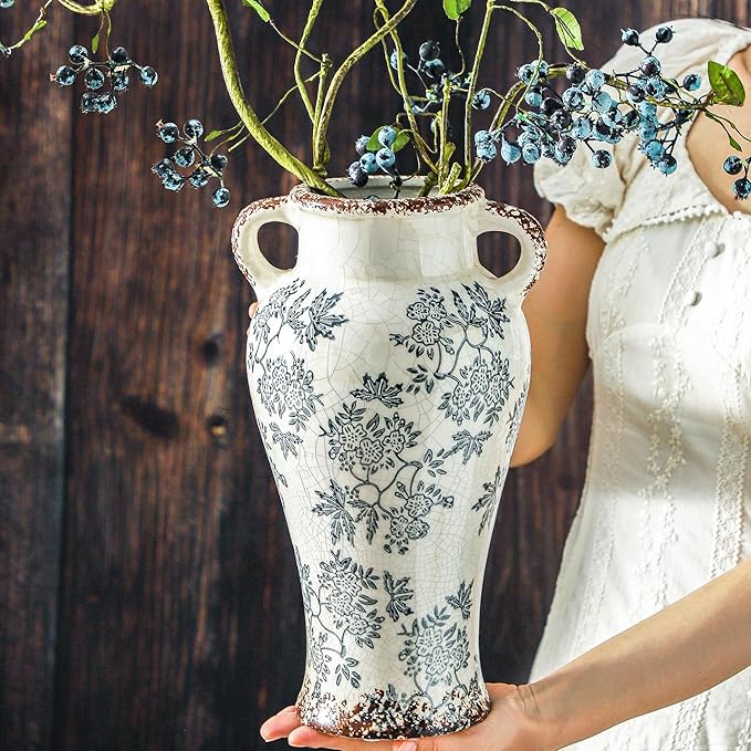 Enra Vintage vase with Handle,12.6 inch Blue and White Ceramic Decorative Flower vase, Chinoiserie Floral Vase,Large Rustic Vases for Home Decors, Living Room, Bookshelf, Office-VerdiqueGarden