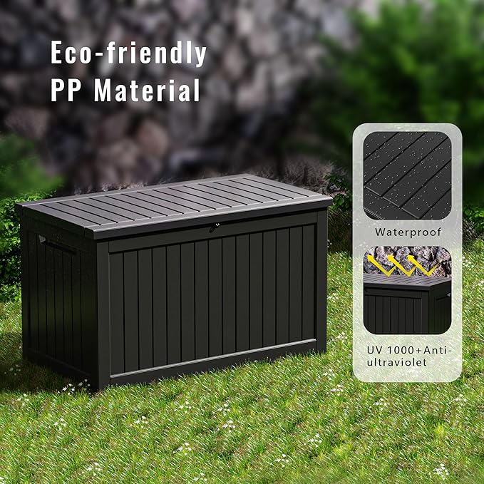 DRATO 230 Gallon Deck Box, Outdoor Large Waterproof Resin Storage Box with Lockable Lid for Patio Cushions, Gardening Tools, Sports Equipment, Black-VerdiqueGarden