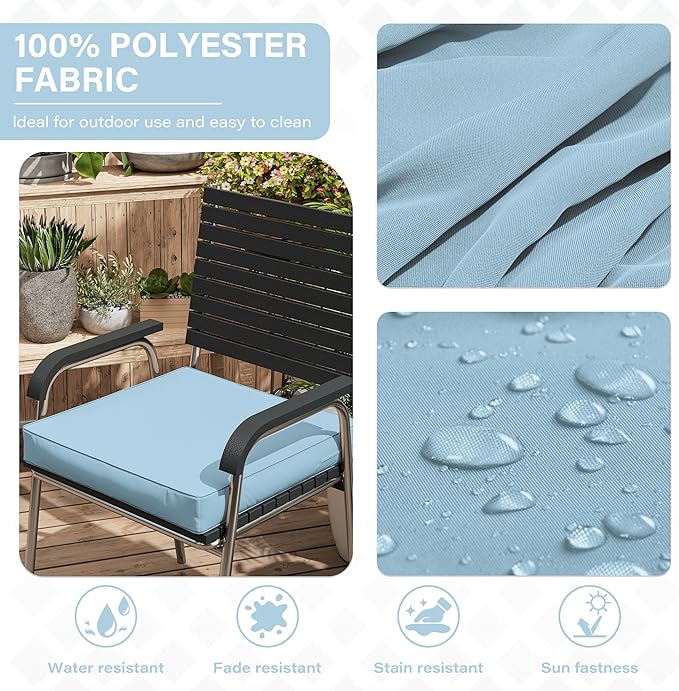 Patio Chair Cushions 17 X 16 X 3 Inch Waterproof Outdoor Seat Cushions for Patio Furniture, Outdoor Sofa Couch Pads with Ties & Handle, Set of 2, Light Blue-VerdiqueGarden