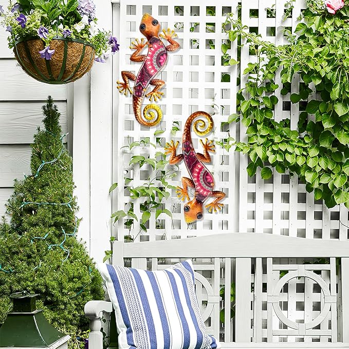 HONGLAND Metal Outdoor Wall Decor 2Pcs Gecko Wall Decoration Lizard Metal Hanging Wall Art Glass Sculpture for Garden Yard Patio Fence (Red)…-VerdiqueGarden