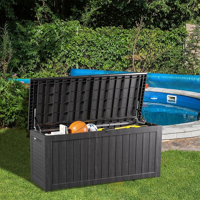 200 Gallon Lockable Resin Deck Box, Waterproof & UV-Resistant Outdoor Storage Box for Outdoor Cushion Storage, Garden Tools & Pool Accessories Storage, Black-VerdiqueGarden