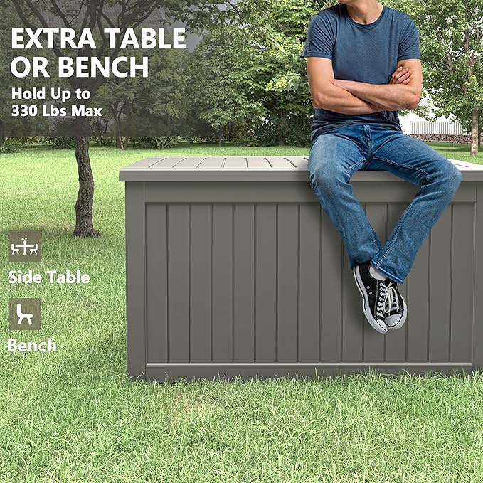 KAMABOKO 230 Gallon Outdoor Storage Box, Resin Deck Boxes Indoor and outdoor, Waterproof Storage Box Lockable Lid for Garden Tools, Package Delivery, Patio Cushions, Grey-VerdiqueGarden