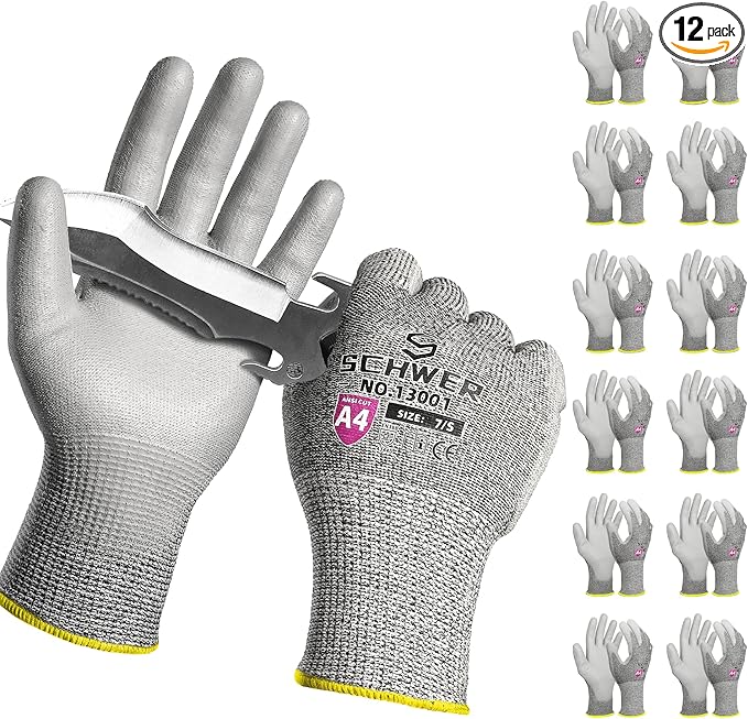 Schwer 12 Pairs ANSI A4 Cut Resistant Work Gloves, Cut Proof Gloves with PU Coating, Used for Metal Fabrication, WoodWorking, Construction, Non Slip, Durable, XS, CR13001-VerdiqueGarden