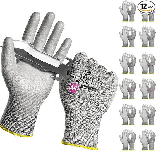 Schwer 12 Pairs ANSI A4 Cut Resistant Work Gloves, Cut Proof Gloves with PU Coating, Used for Metal Fabrication, WoodWorking, Construction, Non Slip, Durable, XS, CR13001-VerdiqueGarden