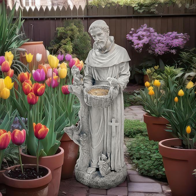 Design Toscano Nature's Nurturer Francis Assisi Religious Garden Decor Statue Bird Bath Feeder, Large, 37 inch, Cast Stone Resin, Antique Stone Finish-VerdiqueGarden