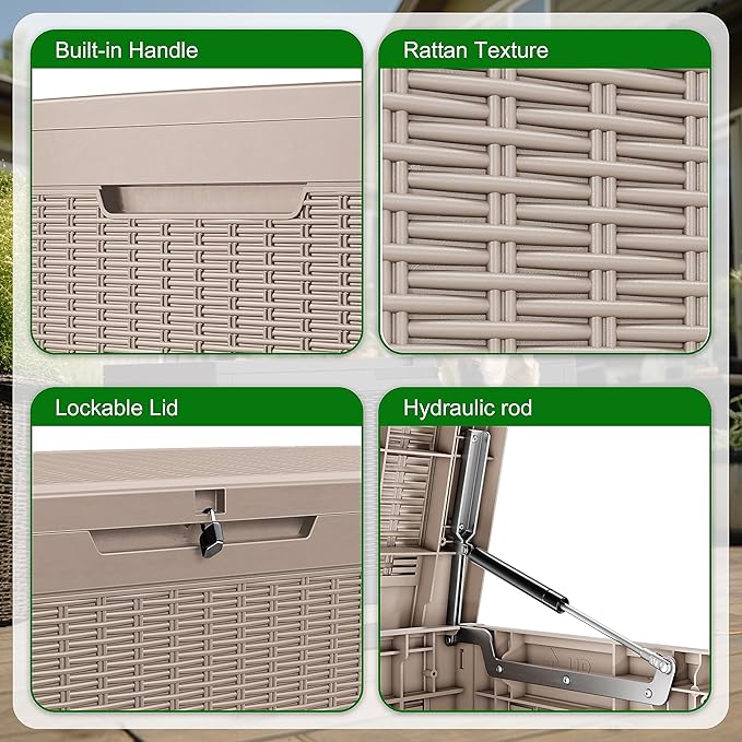 100 Gallon Outdoor Deck Box,Storage Lockable Waterproof Patio Furniture,Garden Tools,Cushions,Pool Accessories Outside Storage Resin Box(Grey)-VerdiqueGarden