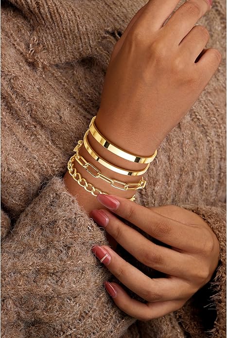 Chunky Gold Bracelets Stack for Women Non Tarnish, Waterproof 14K Gold Plated Bangle Cuff Bracelets Set for Women Trendy Thick Layered Cuban Link Chain Paperclip Rope Stackable Bracelet for Jewelry Gifts