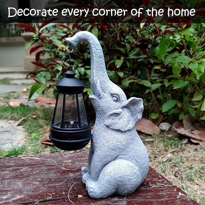 Elephant Solar Garden Statues,Resin Elephant Figurine Decorations with Solar Lights Lantern, Outdoor Elephant Decor Art for Lawn,Yard, Unique Housewarming Gift for Garden Home, VY-0617-VerdiqueGarden