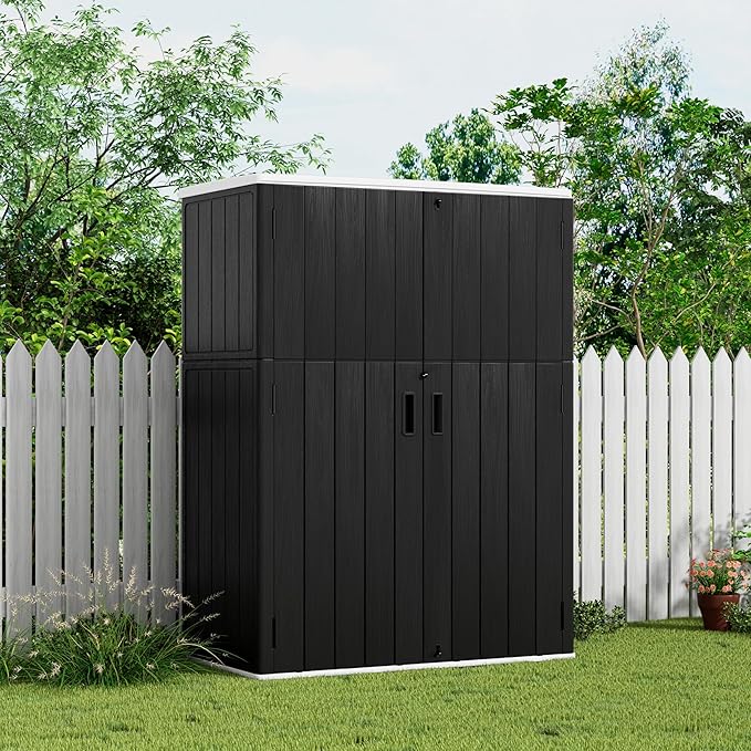 KINYING Outdoor Storage Shed,57 Cu.ft Vertical Outdoor Storage Cabinet Waterproof, Outdoor Resin Tool Shed for Patio Furniture, Garden Tools, Pool Accessories, Lawn Mower(Black Color)-VerdiqueGarden