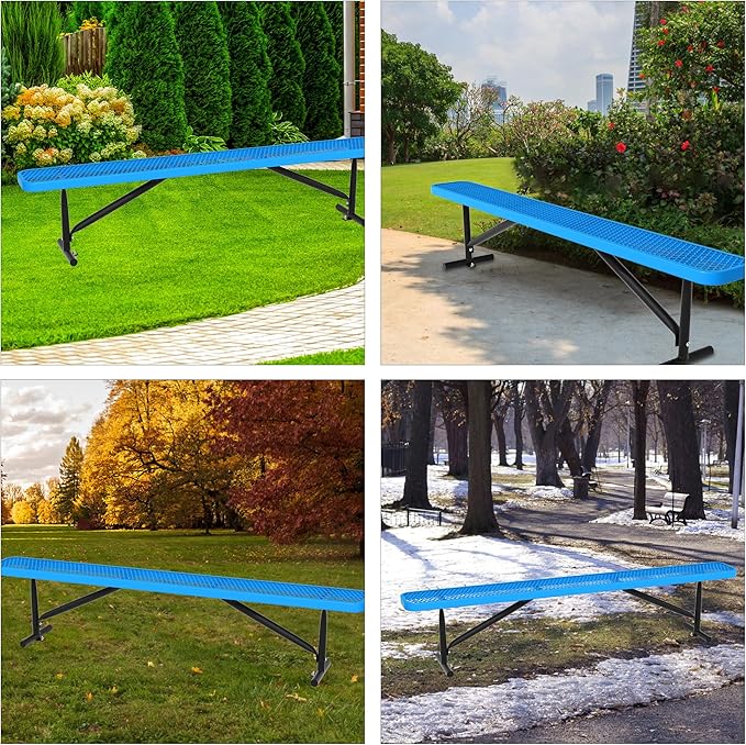 96" L Outdoor Metal Benches, Heavy Duty Garden Park Bench for Outside, Expanded Metal, Commercial Benches Mesh Bench for Shopping Mall, Store, Lawn, Park, Patio, Deck, Garden (Blue, 8FT)-VerdiqueGarden