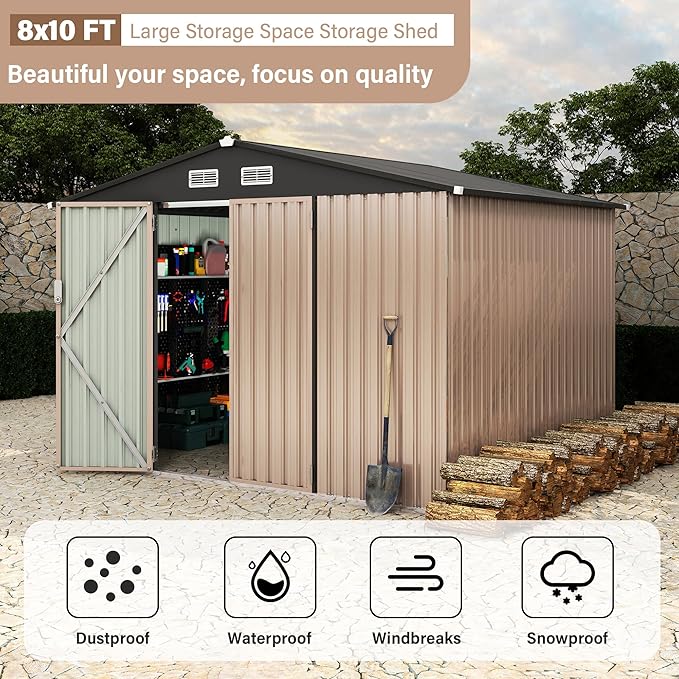 8x10 FT Metal Storage Sheds Outdoor, Metal Yard Sheds Garden Shed Kit, Tool Shed with Lockable Door, Utility Sheds Buildings with Air Vent for Backyard Garden Patio Lawn-VerdiqueGarden