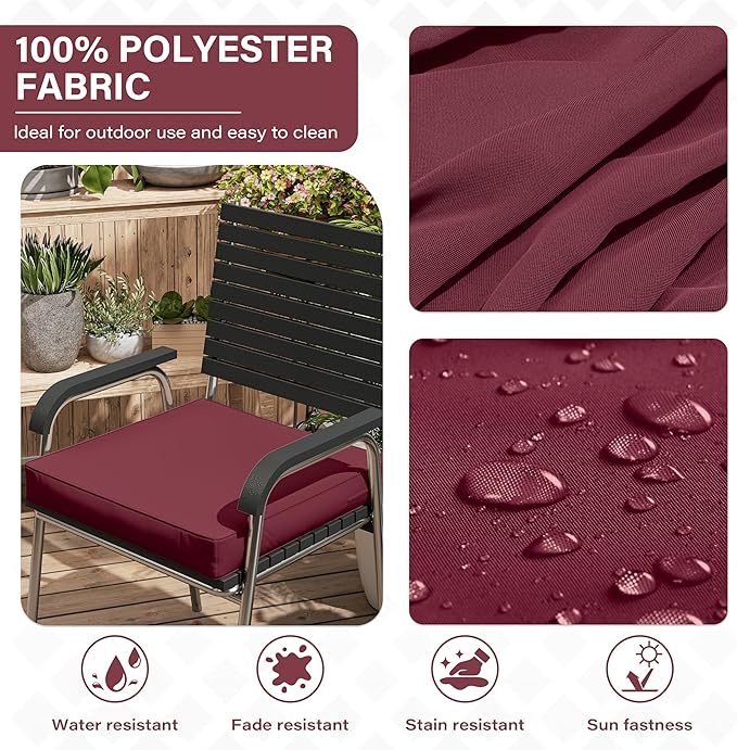 Patio Chair Cushions 17 X 16 X 3 Inch Waterproof Outdoor Seat Cushions for Patio Furniture, Outdoor Sofa Couch Pads with Ties & Handle, Set of 2, Burgundy-VerdiqueGarden