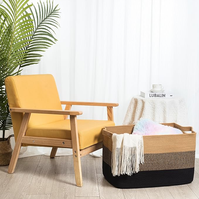 MINTWOOD Design 22in Extra Large Blanket Basket Holder for Living Room, Rectangle Rope Woven Storage Bin with Handles for Laundry, Pool Towels, and Shoes, Dog Toy Box Organizer, Black Jute-VerdiqueGarden
