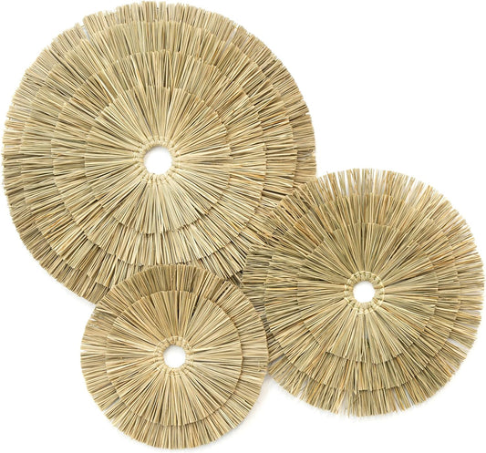 VATIMA Boho Wall Décor – Simple Oversized Wall Basket Décor for Home and Office – Seagrass Wicker Basket Wall Décor Set – 3pcs Flat Baskets – Easy to Hang – Handmade Design – Small/Medium/Large-VerdiqueGarden