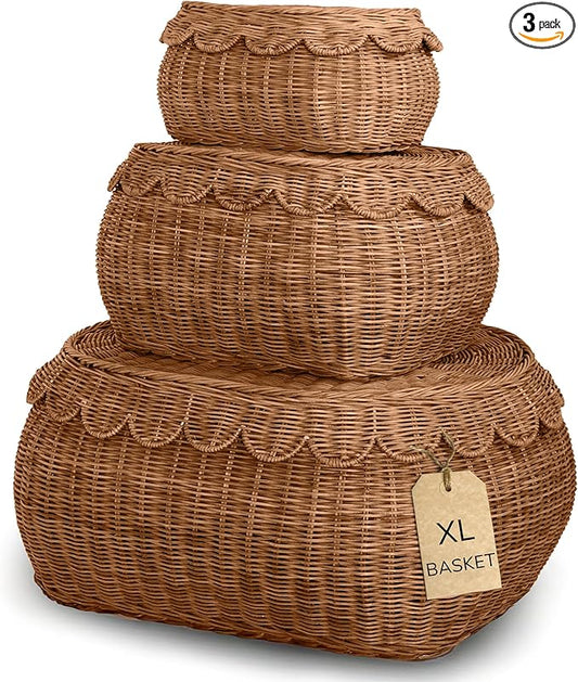 BEBE BASK Large Scalloped Basket Set Of 3 - Hand-Woven & Award-Winning Scallop Basket - XL - Extra Large for Blankets 22 x 16 x 10 In - Elegant Wicker With Scalloped Edge Lid (Mocca)-VerdiqueGarden
