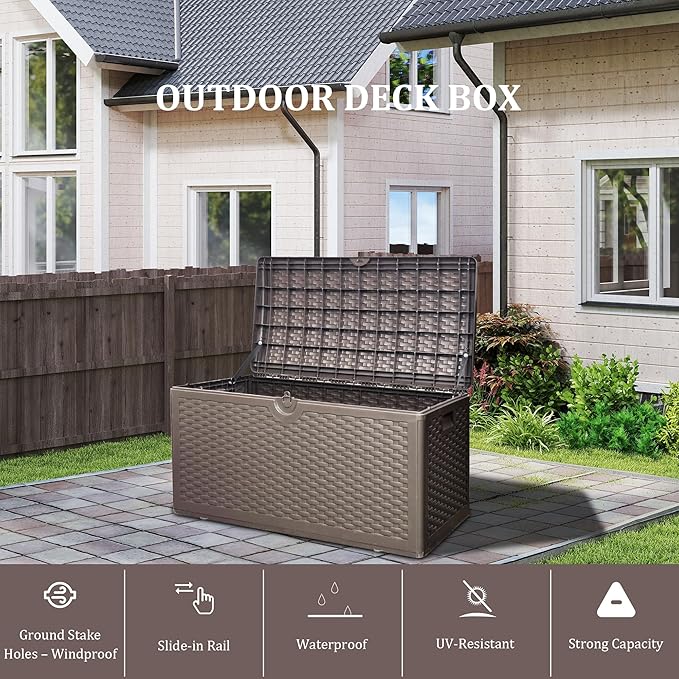 80 Plus Gallon Outdoor Storage Box, Waterproof Resin Deck Box Outdoor Storage Bin for Patio, Poolside, and Garden, Lockable & UV-Resistant, Ideal for Small Spaces, Brown-VerdiqueGarden