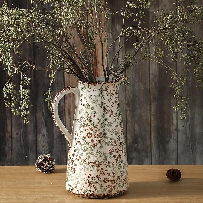 Enra Pitcher vase with Handle,12.2 in Ceramic Vintage Chinoiserie Floral Vase,Green and Beige Decorative Flower vase,Large Rustic Vases for Home Decors, Living Room, Bookshelf, Office-VerdiqueGarden