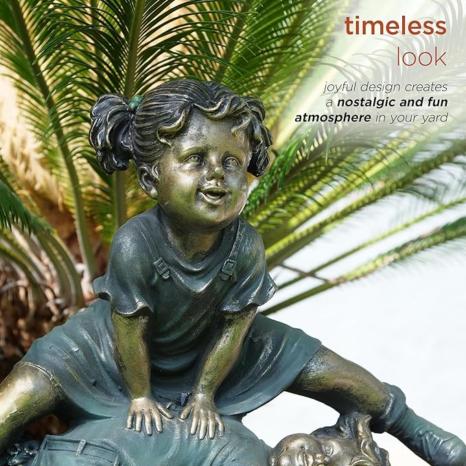 Alpine Corporation 26" Tall Indoor/Outdoor Girl Jumping Over Boy Statue Yard Art Decoration-VerdiqueGarden