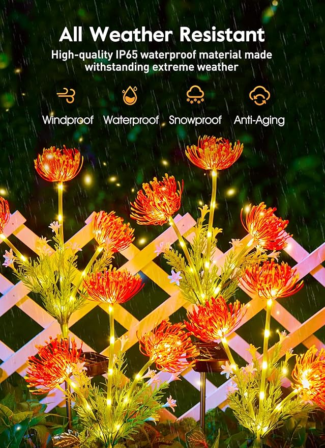 Brightown Outdoor Solar Garden Lights - 4 Pack LED Flower Lights with Glowing Flowers & Stems, Realistic, Bigger Solar Panel, Waterproof for Outside Yard Patio Home, Red-VerdiqueGarden