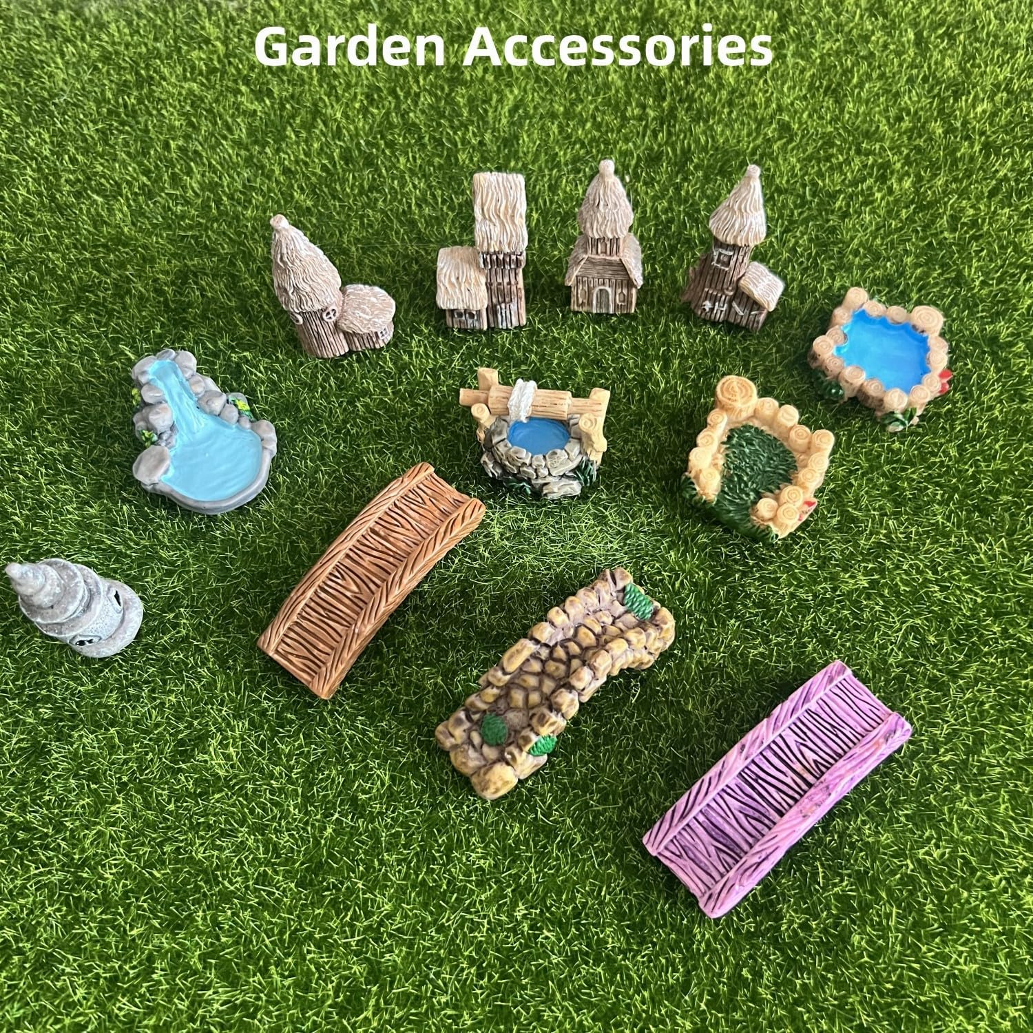 LONCESS Fairy Garden Accessories Miniature Tree House Bridge Mini Lighthouse Water Well Bridge Figurines Pond Lawn Ornament Figurines for DIY Craft Garden Decor,12 Peices-VerdiqueGarden