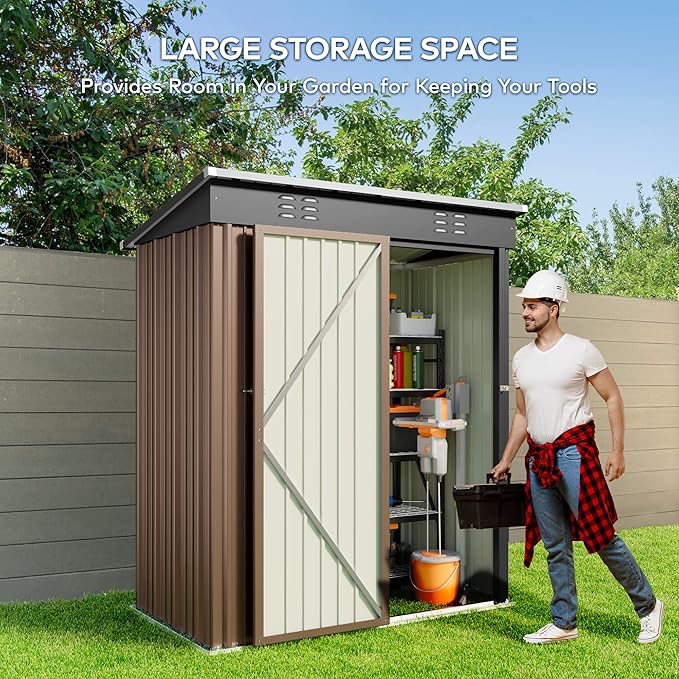 Gizoon 5' x 3' Outdoor Storage Shed with Singe Lockable Door,Galvanized Metal Shed with Air Vent Suitable for The Garden,Tiny House Storage Sheds Outdoor for Backyard Patio Lawn-Brown-VerdiqueGarden