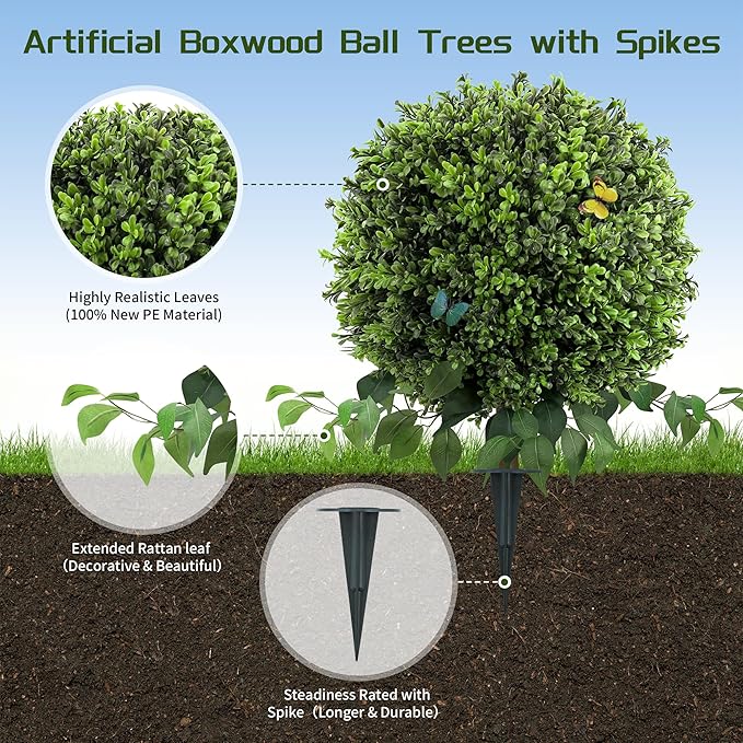 28" Artificial Boxwood Ball Bush, UV Resistant Topiary Tree Faux Boxwood Ball Shaped Porch Bushes with Ground Spike Artificial Bushes for Outdoors Front Door Decor Home Garden (6, Green)-VerdiqueGarden