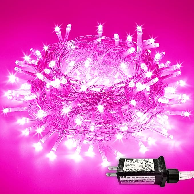 JMEXSUSS 66 Ft Pink Lights for Room Decor, 200 LED Pink String Fairy Christmas Lights Clear Wire Plug in for Bedroom Indoor Outdoor Girl's Room Decorations-VerdiqueGarden
