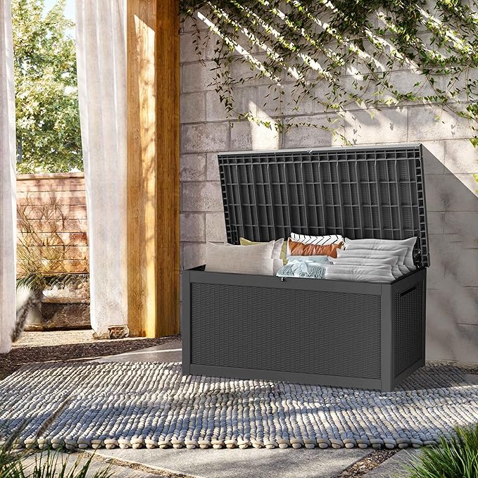 320 Gallon Lockable Resin Deck Box, Waterproof & UV-Resistant Outdoor Storage Box for Outdoor Cushion Storage, Garden Tools & Pool Accessories Storage, Black-VerdiqueGarden