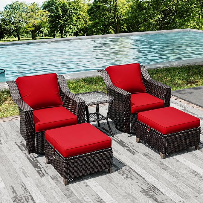 Joyside Wicker Patio Furniture Sets, 5 Pieces Upgraded Large Size Outdoor Furniture with Swivel Rocking Patio Chairs, Outdoor Ottoman and Side Table, Thick Cushions, Wide Armrest-VerdiqueGarden